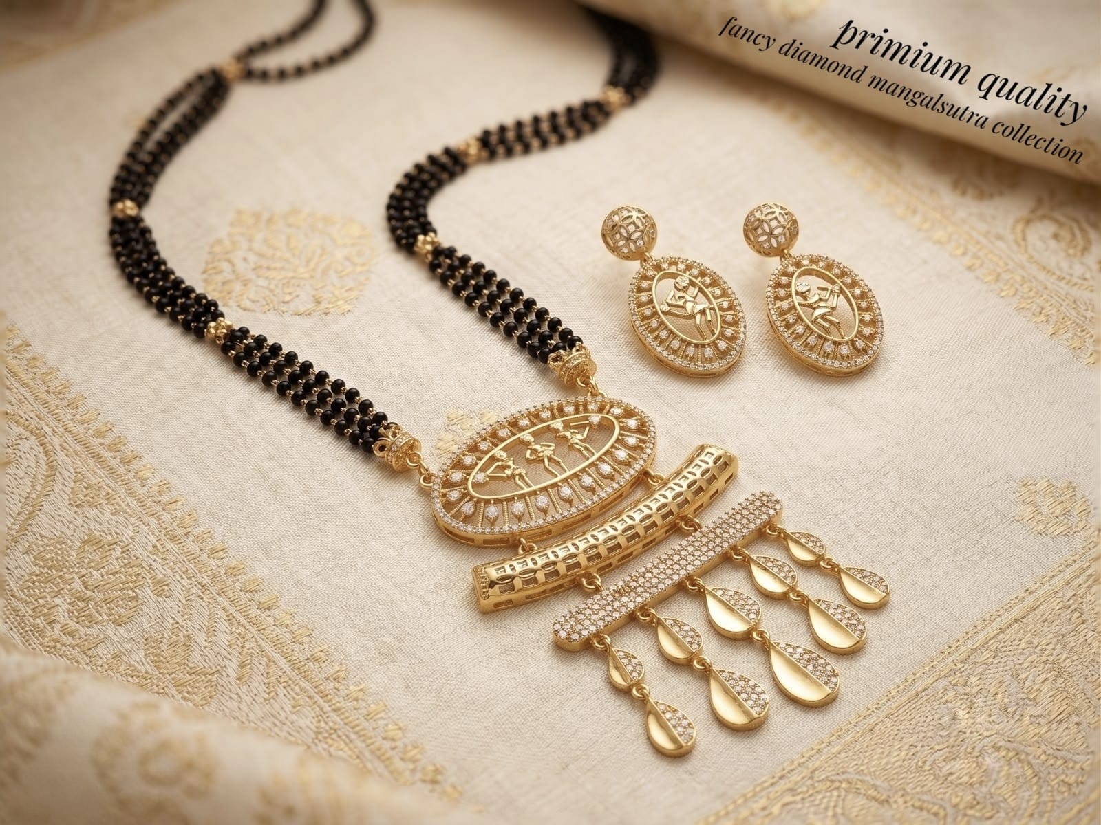 Premium Gold Plated Fancy Diamond Mangalsutra Set with Matching Earrings for Women