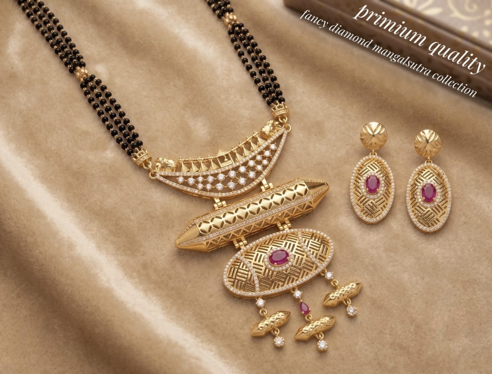 Premium Gold Plated Fancy Diamond Mangalsutra Set with Matching Earrings for Women