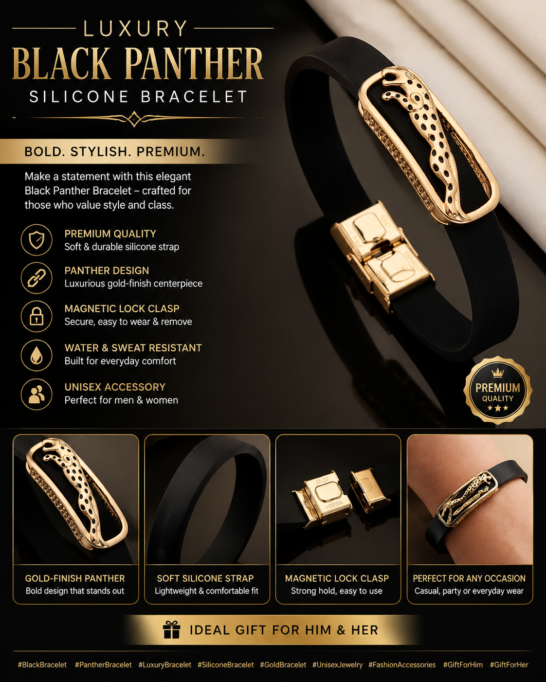 Luxury Black Panther Silicone Bracelet | Gold Finish Premium Unisex Bracelet